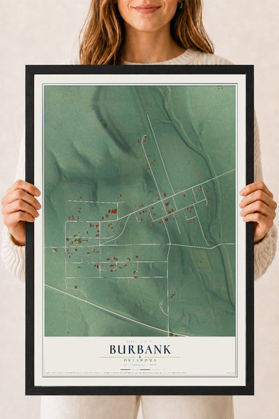 Map of Burbank, Oklahoma, 18 x 24 inch print in a black wood frame