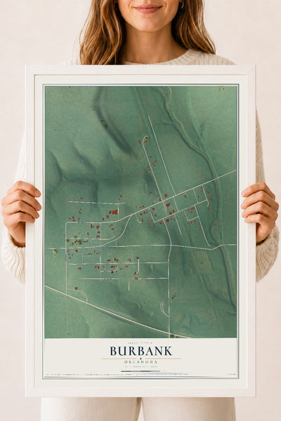 Map of Burbank, Oklahoma, 18 x 24 inch print in a white wood frame