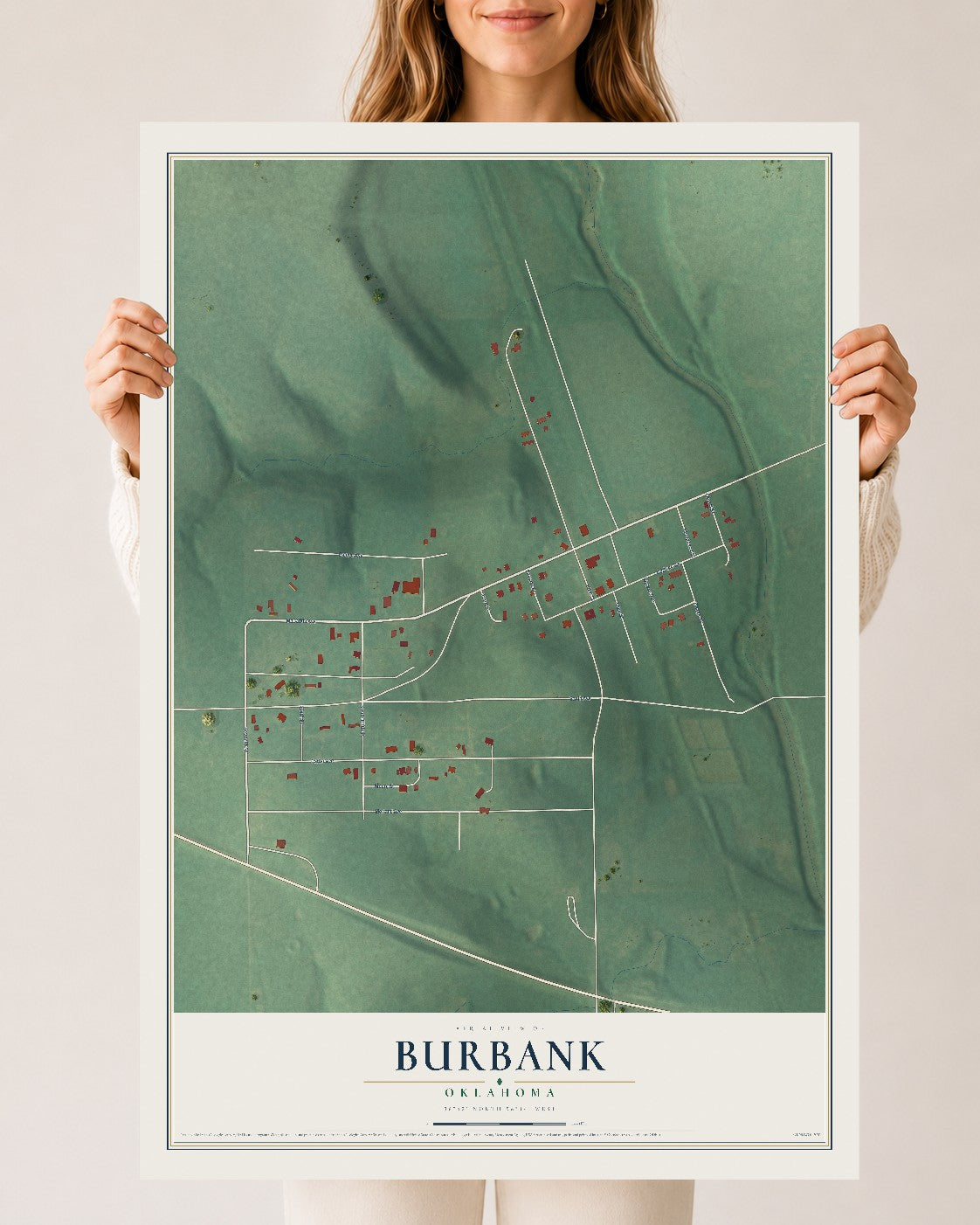 Map of Burbank, Oklahoma, 24 x 36 inch unframed archival matte print