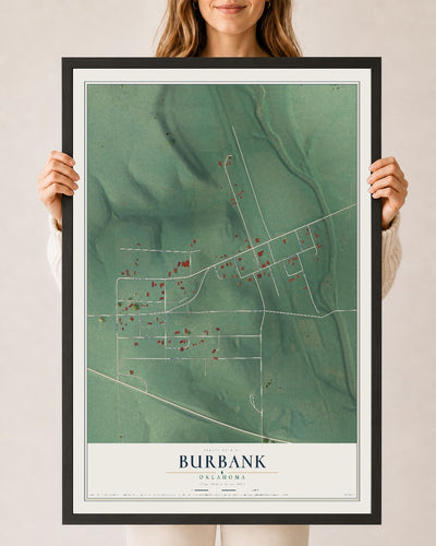 Map of Burbank, Oklahoma, 24 x 36 inch print in a black wood frame