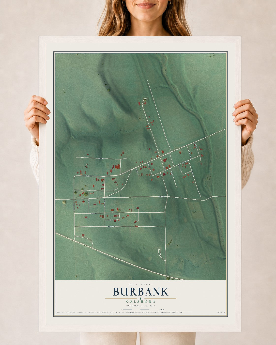 Map of Burbank, Oklahoma, 24 x 36 inch print in a white wood frame