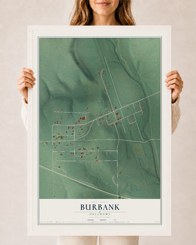 Map of Burbank, Oklahoma, 24 x 36 inch print in a white wood frame