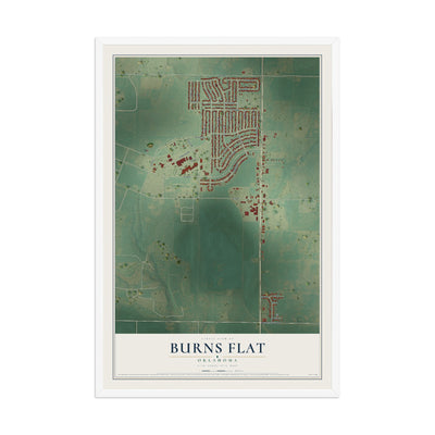 Map of Burns Flat, Oklahoma, 12 x 18 inch print in a white wood frame