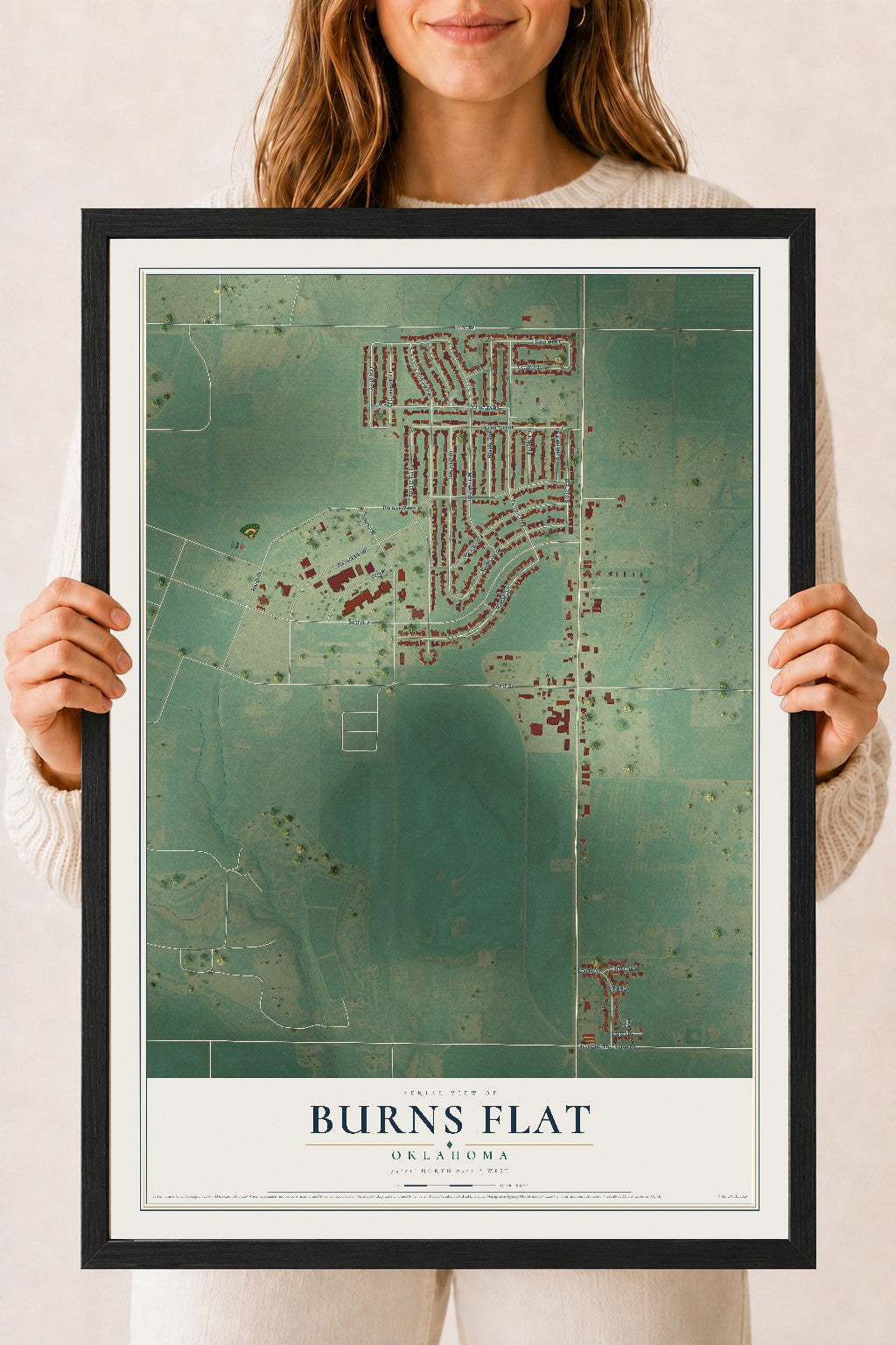 Map of Burns Flat, Oklahoma, 18 x 24 inch print in a black wood frame