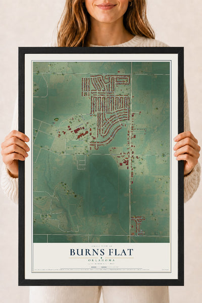 Map of Burns Flat, Oklahoma, 18 x 24 inch print in a black wood frame