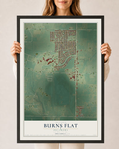 Map of Burns Flat, Oklahoma, 24 x 36 inch print in a black wood frame