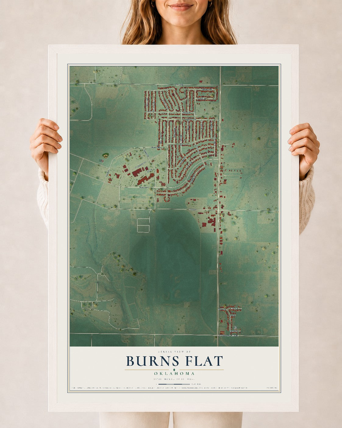 Map of Burns Flat, Oklahoma, 24 x 36 inch print in a white wood frame