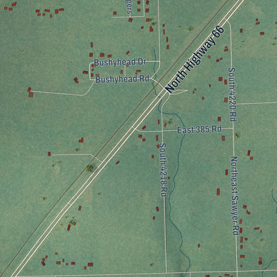 Close-up of the map of Bushyhead, Oklahoma print showing street and building detail