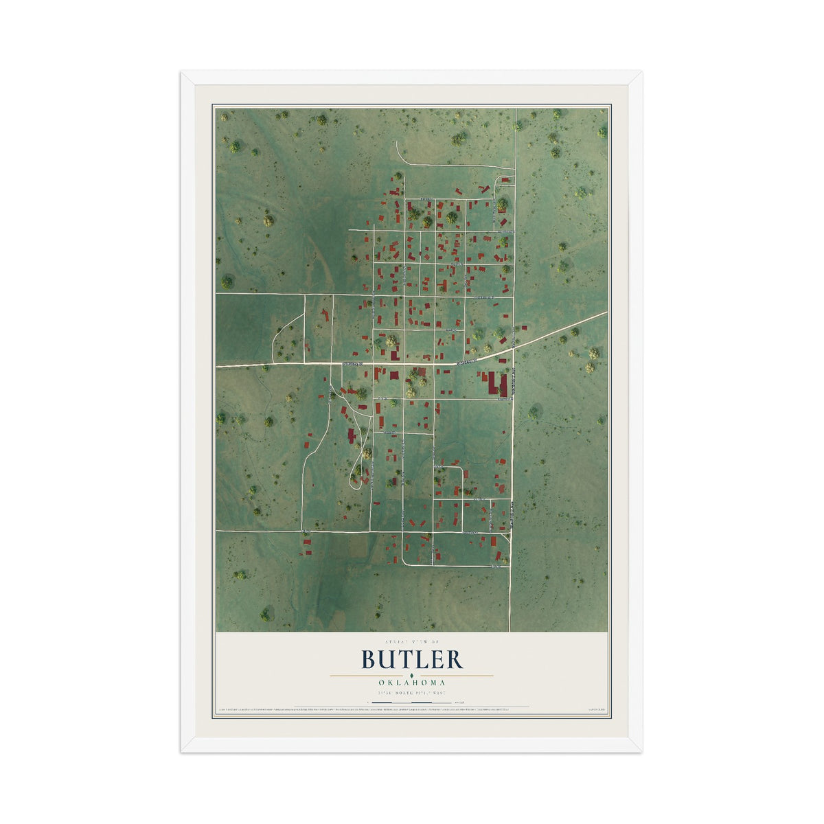 Map of Butler, Oklahoma, 12 x 18 inch print in a white wood frame