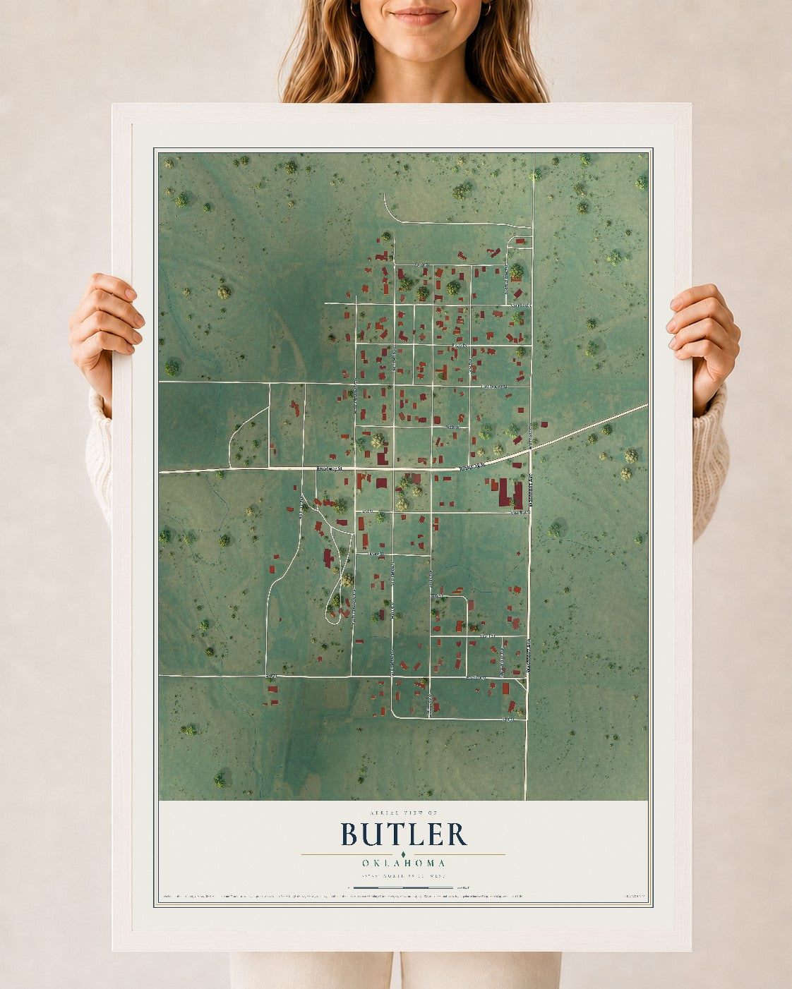 Map of Butler, Oklahoma, 24 x 36 inch print in a white wood frame