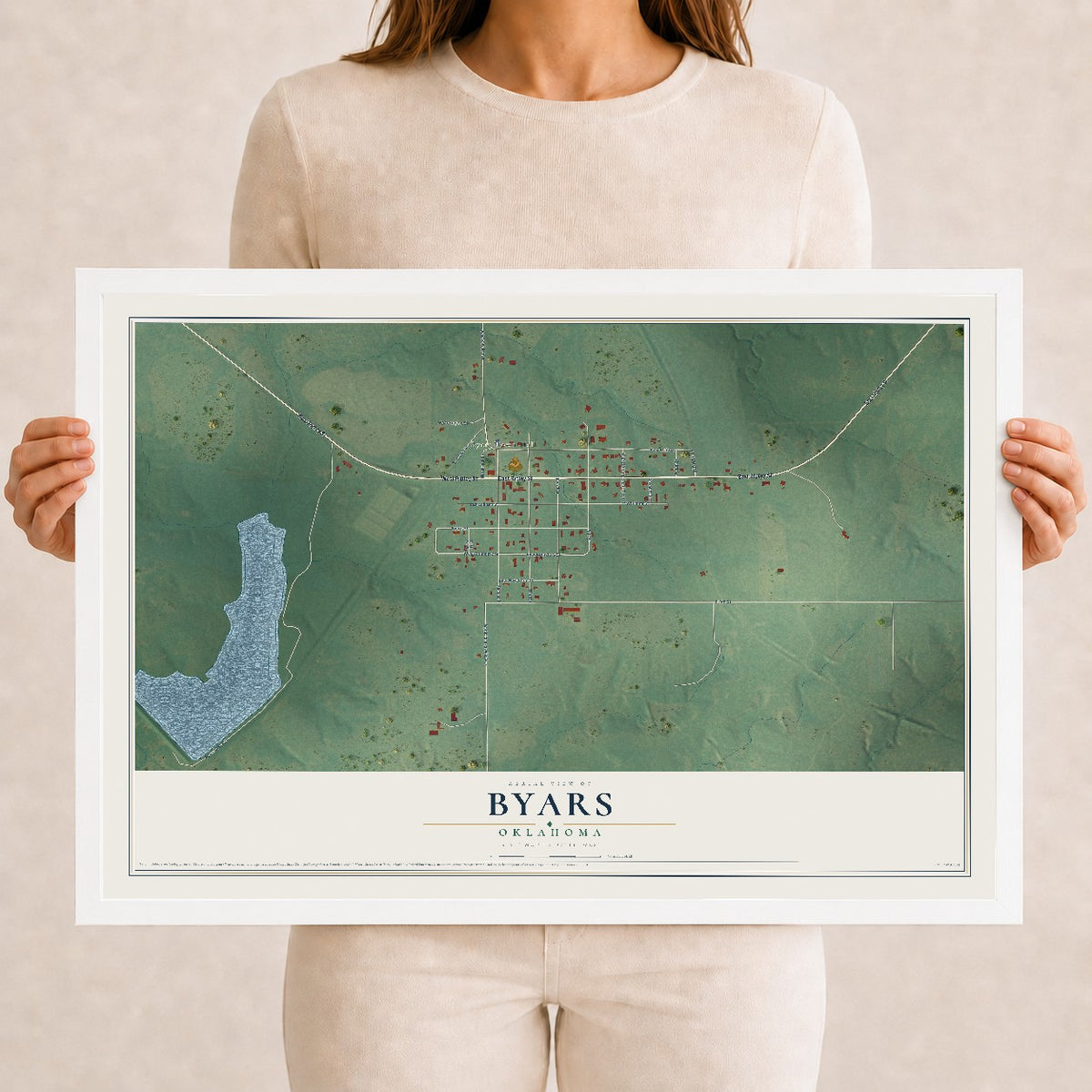 Map of Byars, Oklahoma, 12 x 18 inch print in a white wood frame