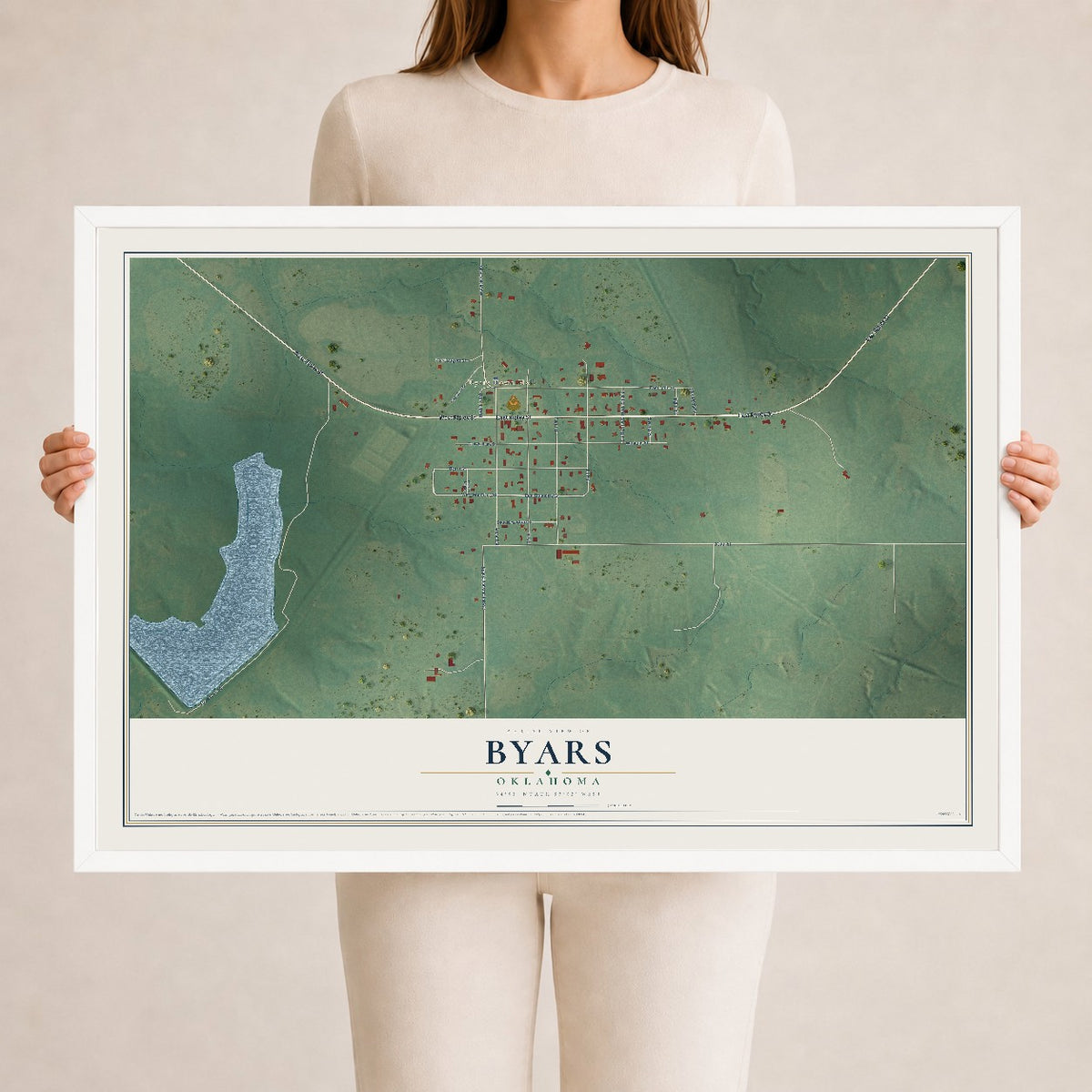 Map of Byars, Oklahoma, 24 x 36 inch print in a white wood frame