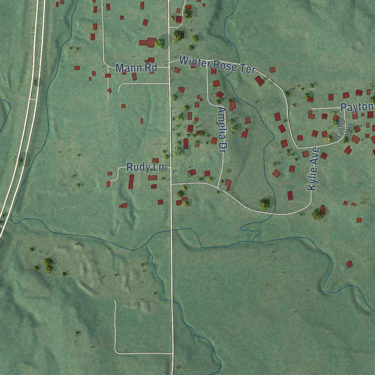 Second close-up of the map of Byng, Oklahoma print showing more streets and buildings