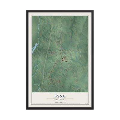 Map of Byng, Oklahoma, 12 x 18 inch print in a black wood frame