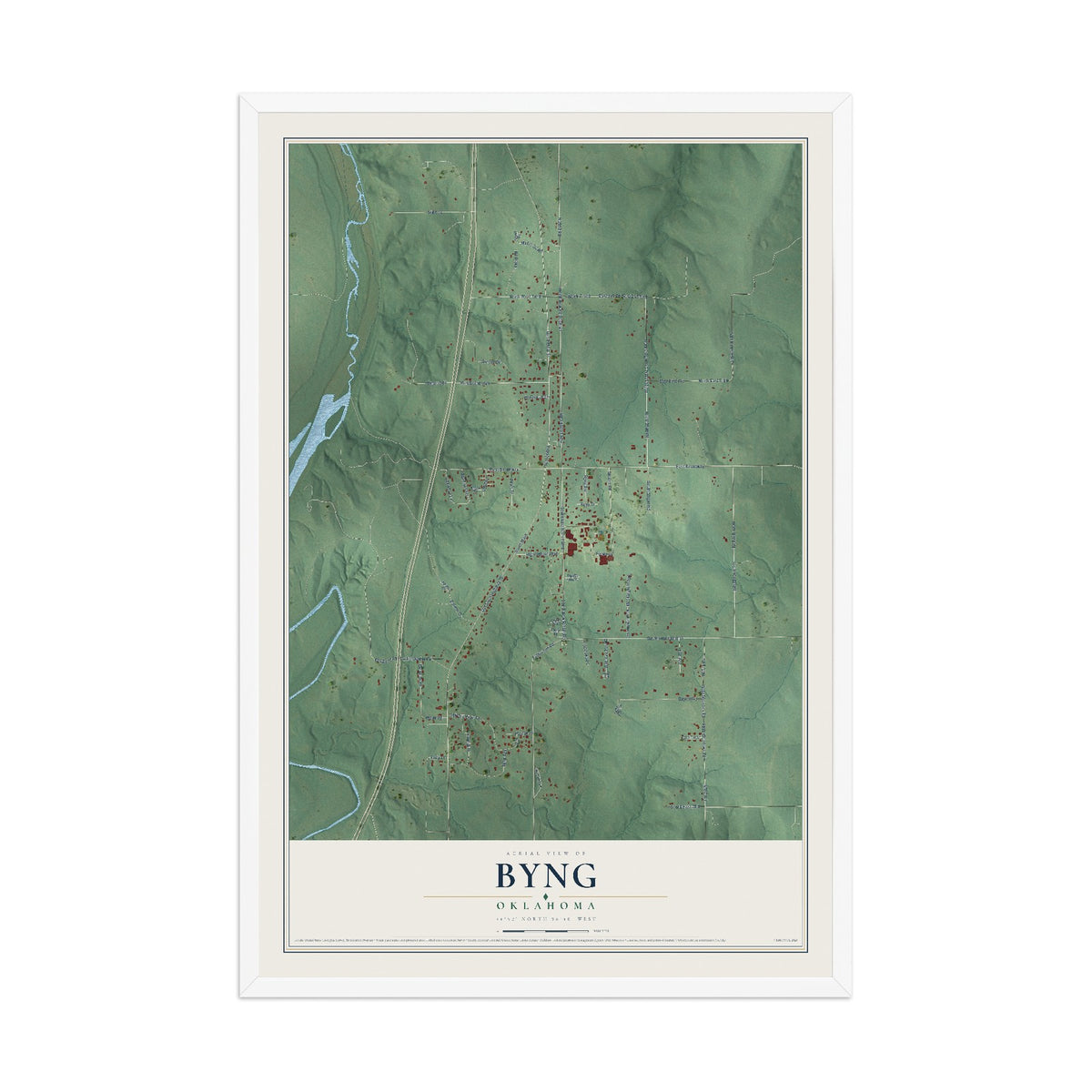 Map of Byng, Oklahoma, 12 x 18 inch print in a white wood frame