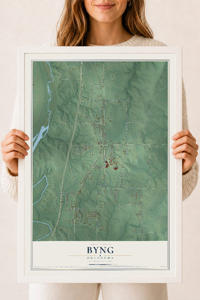 Map of Byng, Oklahoma, 18 x 24 inch print in a white wood frame