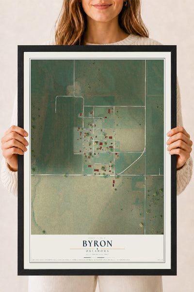Map of Byron, Oklahoma, 18 x 24 inch print in a black wood frame