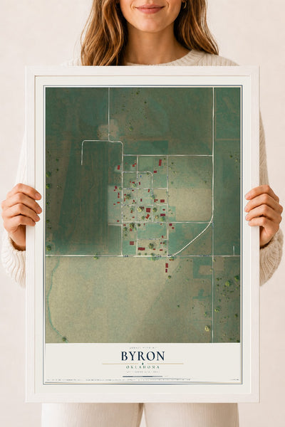Map of Byron, Oklahoma, 18 x 24 inch print in a white wood frame