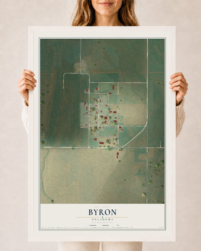 Map of Byron, Oklahoma, 24 x 36 inch print in a white wood frame