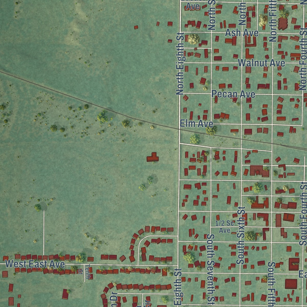 Close-up of the map of Cache, Oklahoma print showing street and building detail