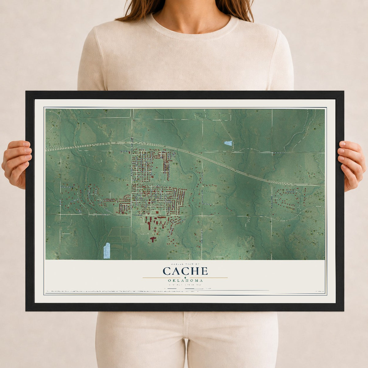 Map of Cache, Oklahoma, 12 x 18 inch print in a black wood frame