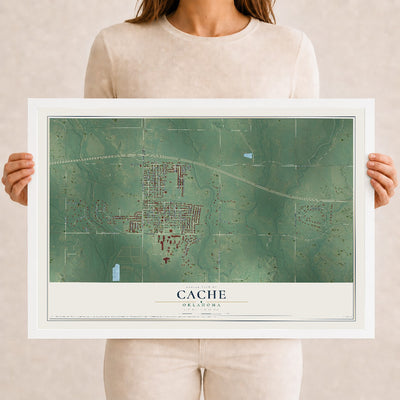 Map of Cache, Oklahoma, 12 x 18 inch print in a white wood frame