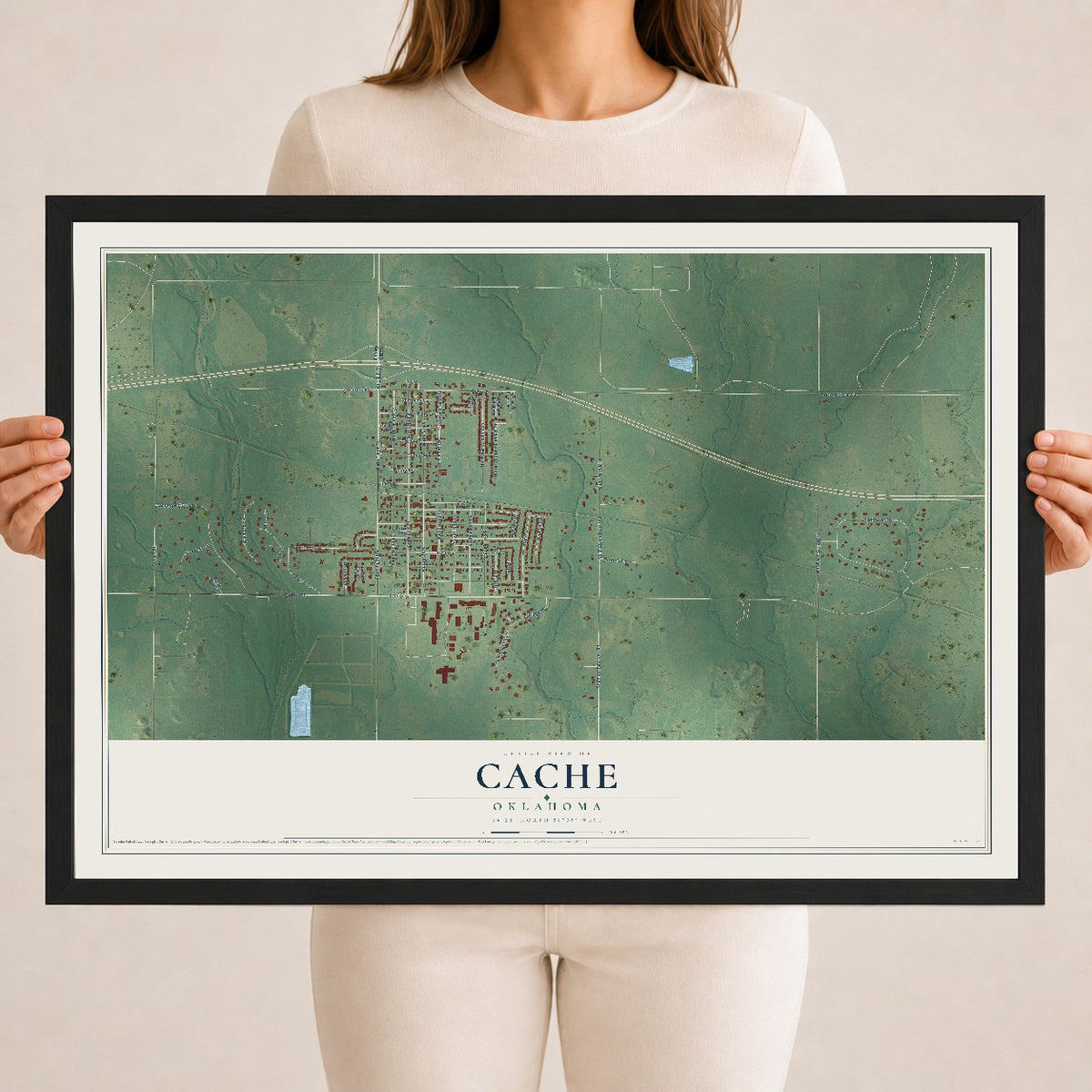 Map of Cache, Oklahoma, 18 x 24 inch print in a black wood frame