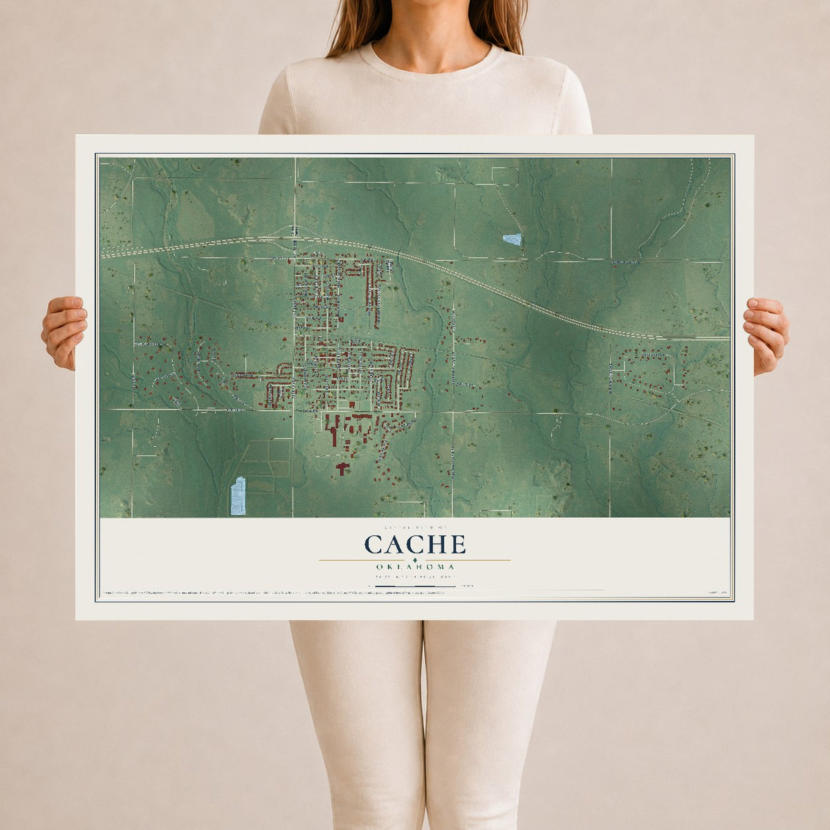 Map of Cache, Oklahoma, 24 x 36 inch unframed archival matte print