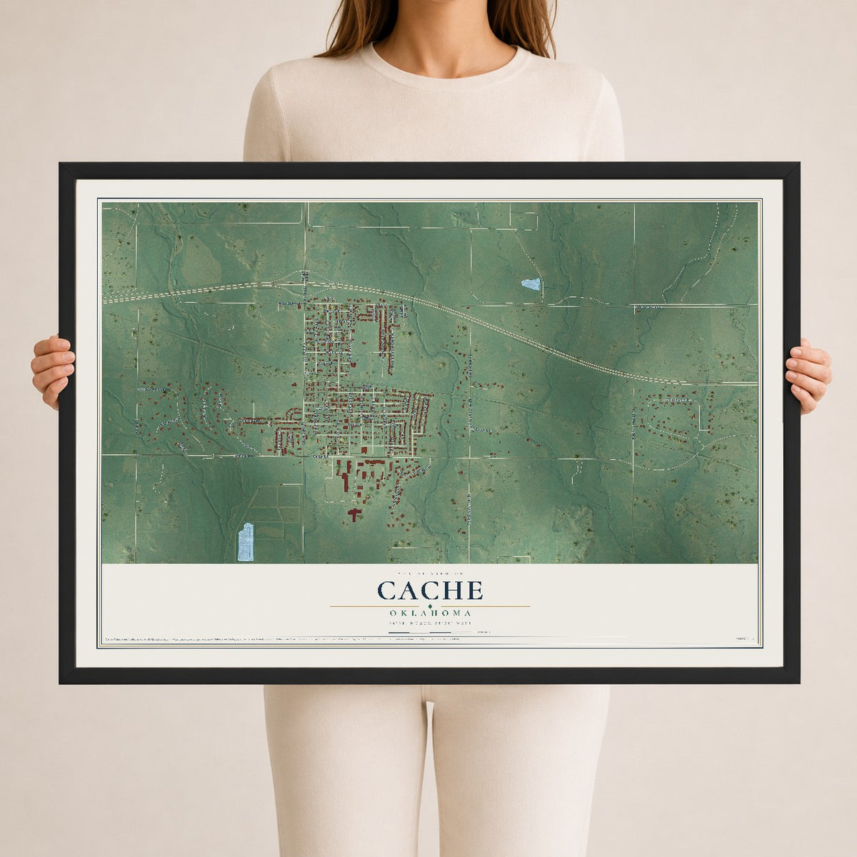 Map of Cache, Oklahoma, 24 x 36 inch print in a black wood frame