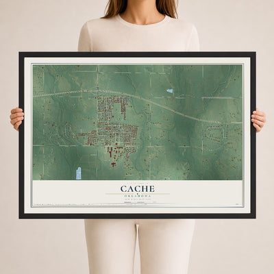Map of Cache, Oklahoma, 24 x 36 inch print in a black wood frame