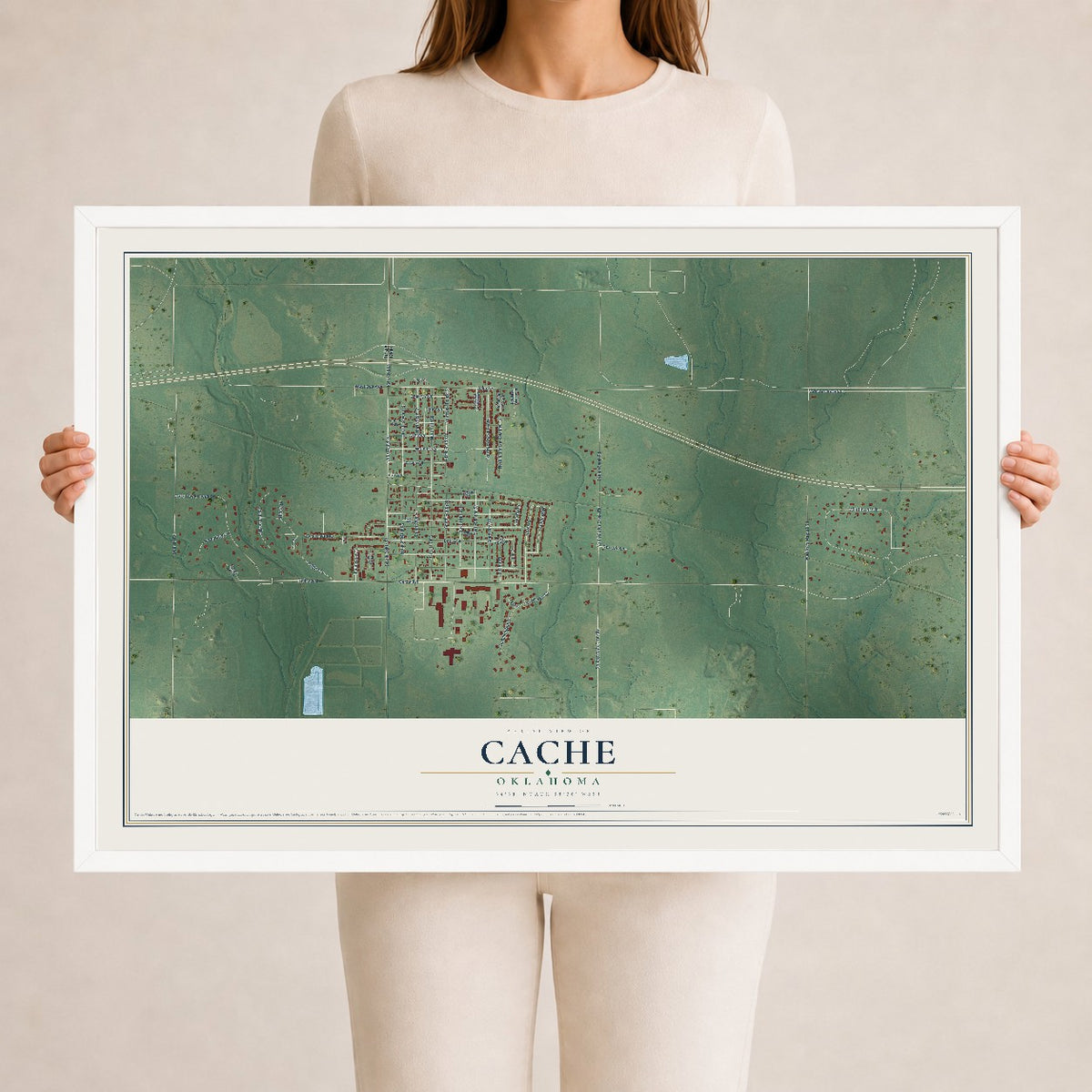 Map of Cache, Oklahoma, 24 x 36 inch print in a white wood frame