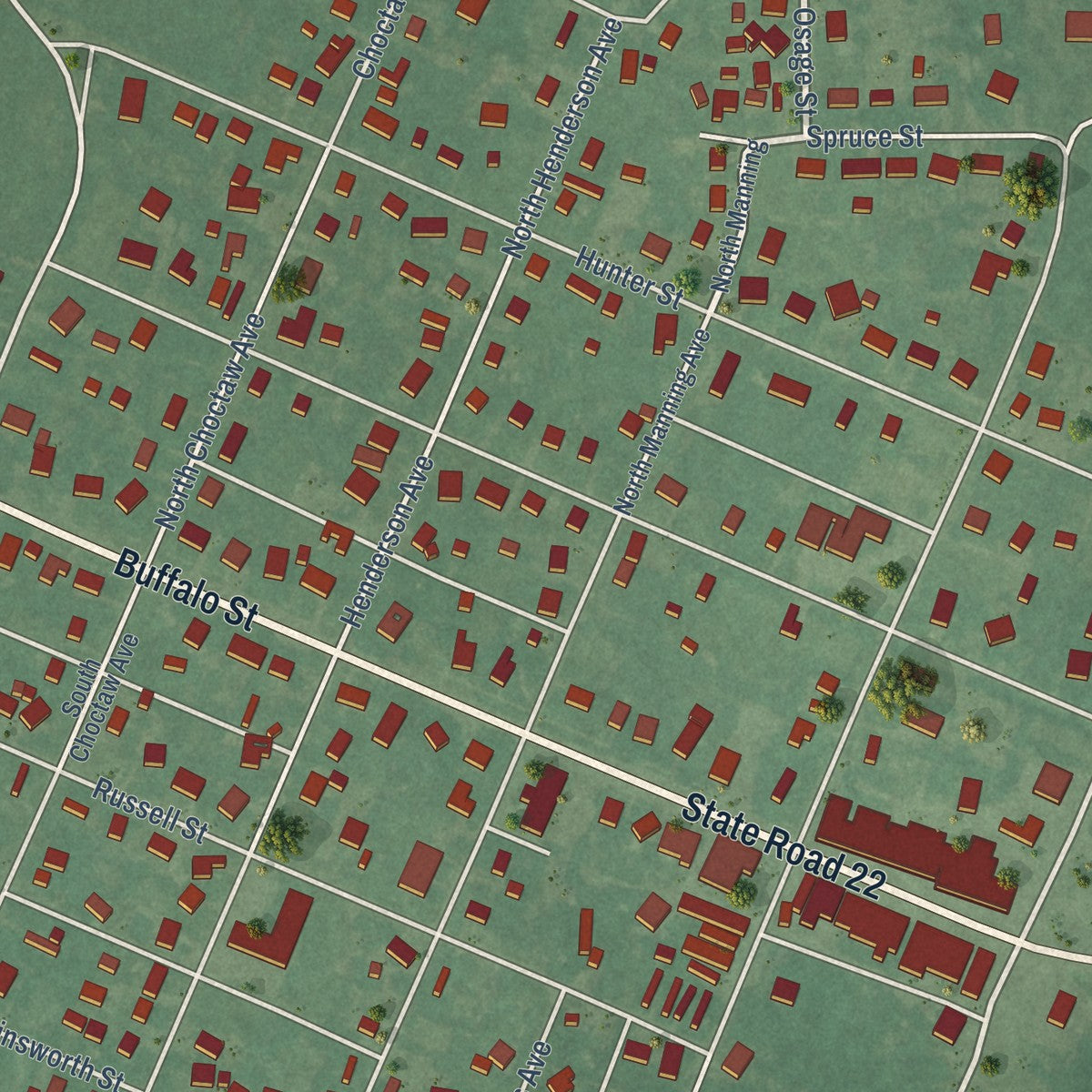 Close-up of the map of Caddo, Oklahoma print showing street and building detail