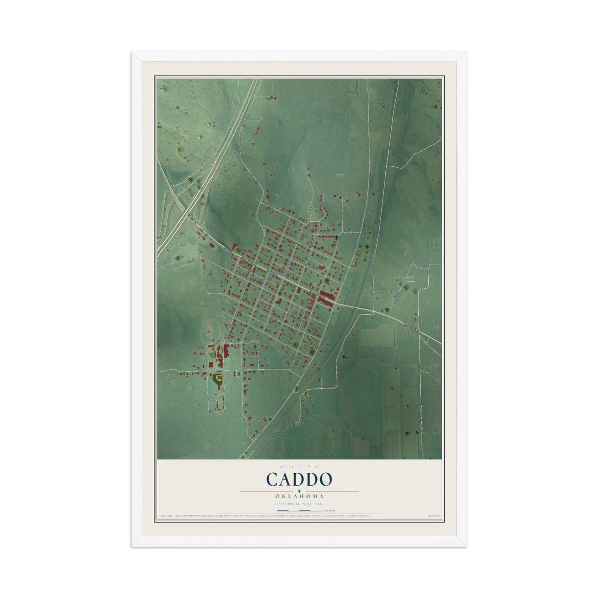 Map of Caddo, Oklahoma, 12 x 18 inch print in a white wood frame
