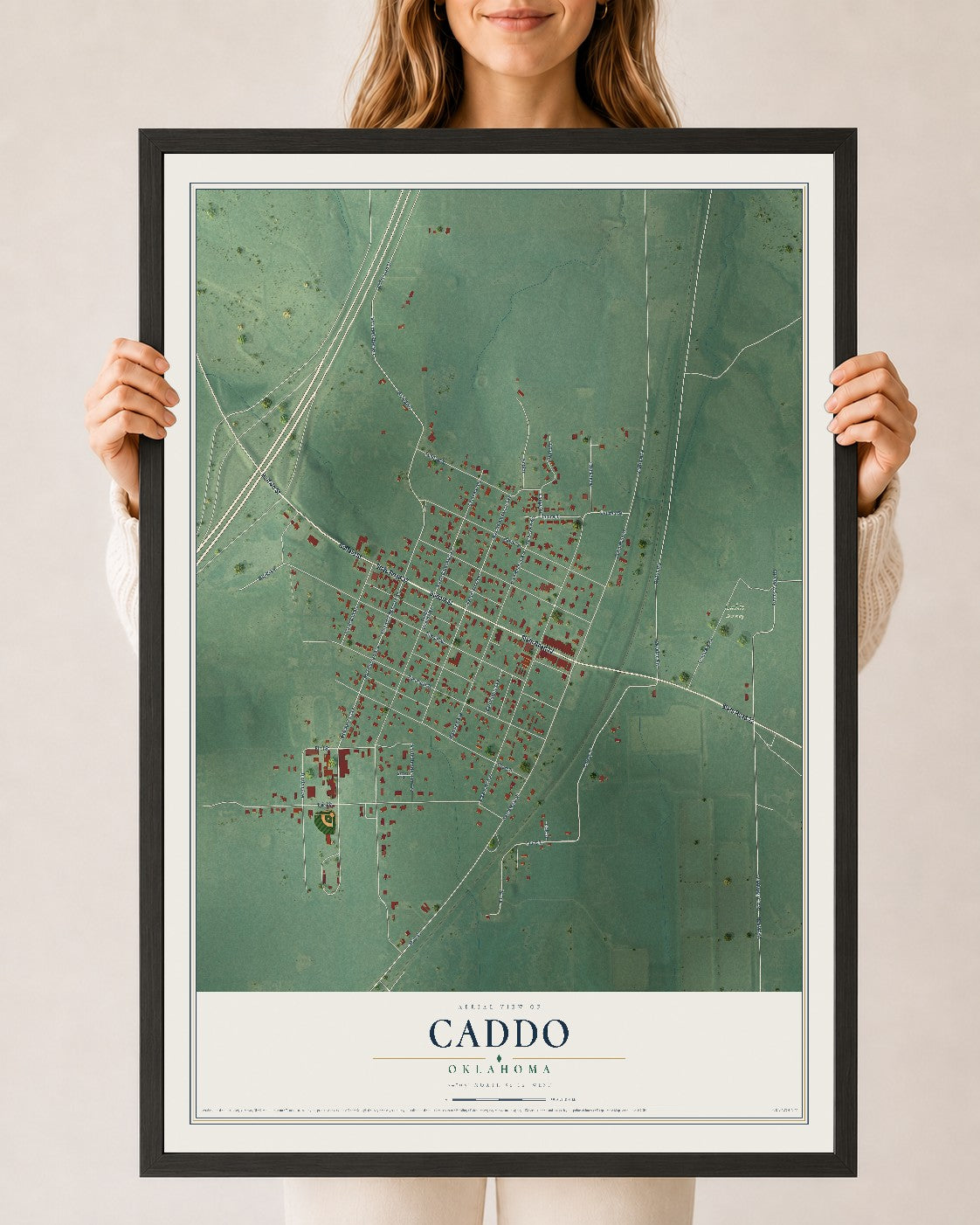 Map of Caddo, Oklahoma, 24 x 36 inch print in a black wood frame