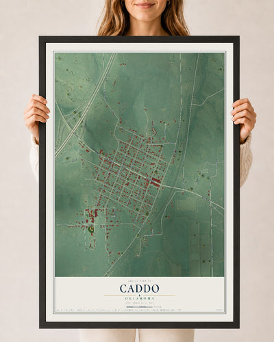 Map of Caddo, Oklahoma, 24 x 36 inch print in a black wood frame