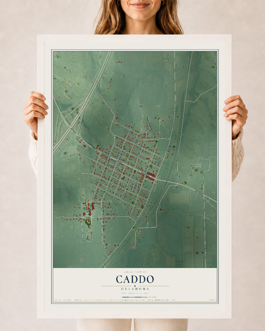 Map of Caddo, Oklahoma, 24 x 36 inch print in a white wood frame