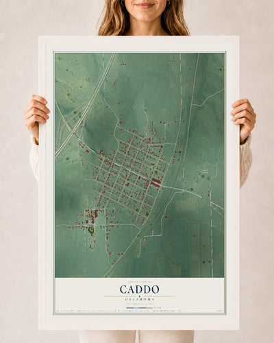 Map of Caddo, Oklahoma, 24 x 36 inch print in a white wood frame