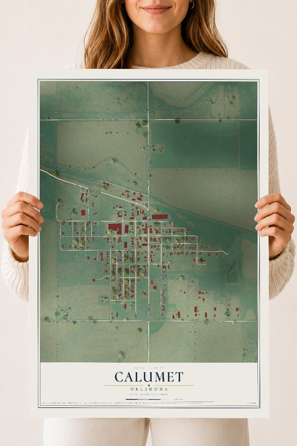 Map of Calumet, Oklahoma, 18 x 24 inch unframed archival matte print