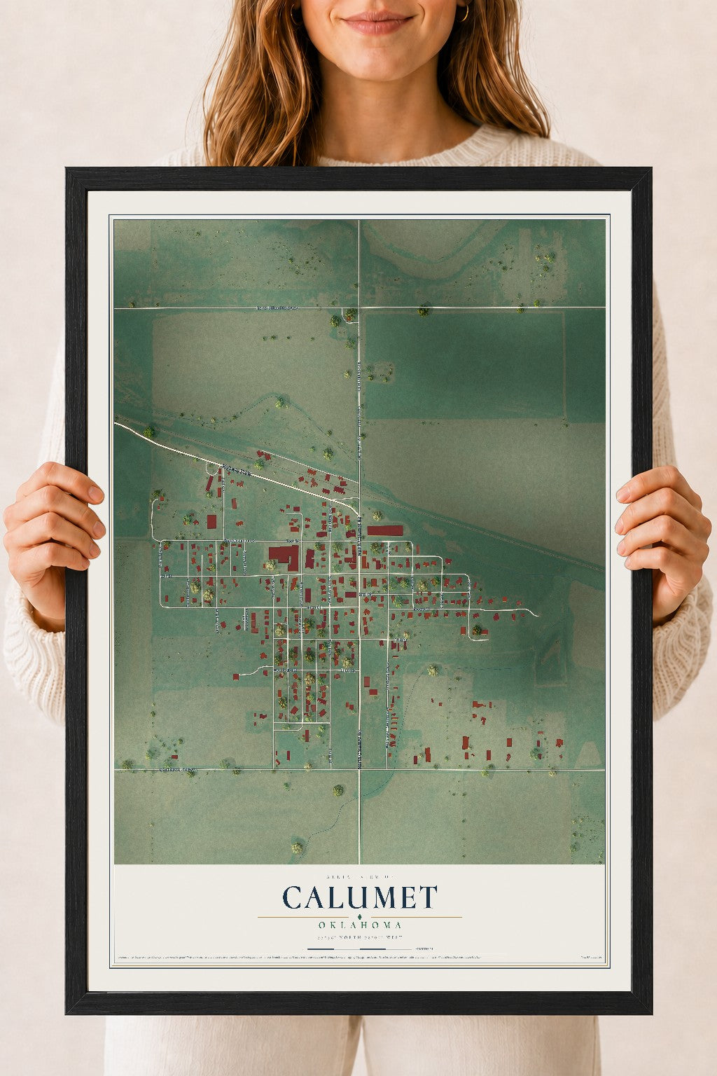 Map of Calumet, Oklahoma, 18 x 24 inch print in a black wood frame