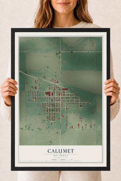 Map of Calumet, Oklahoma, 18 x 24 inch print in a black wood frame
