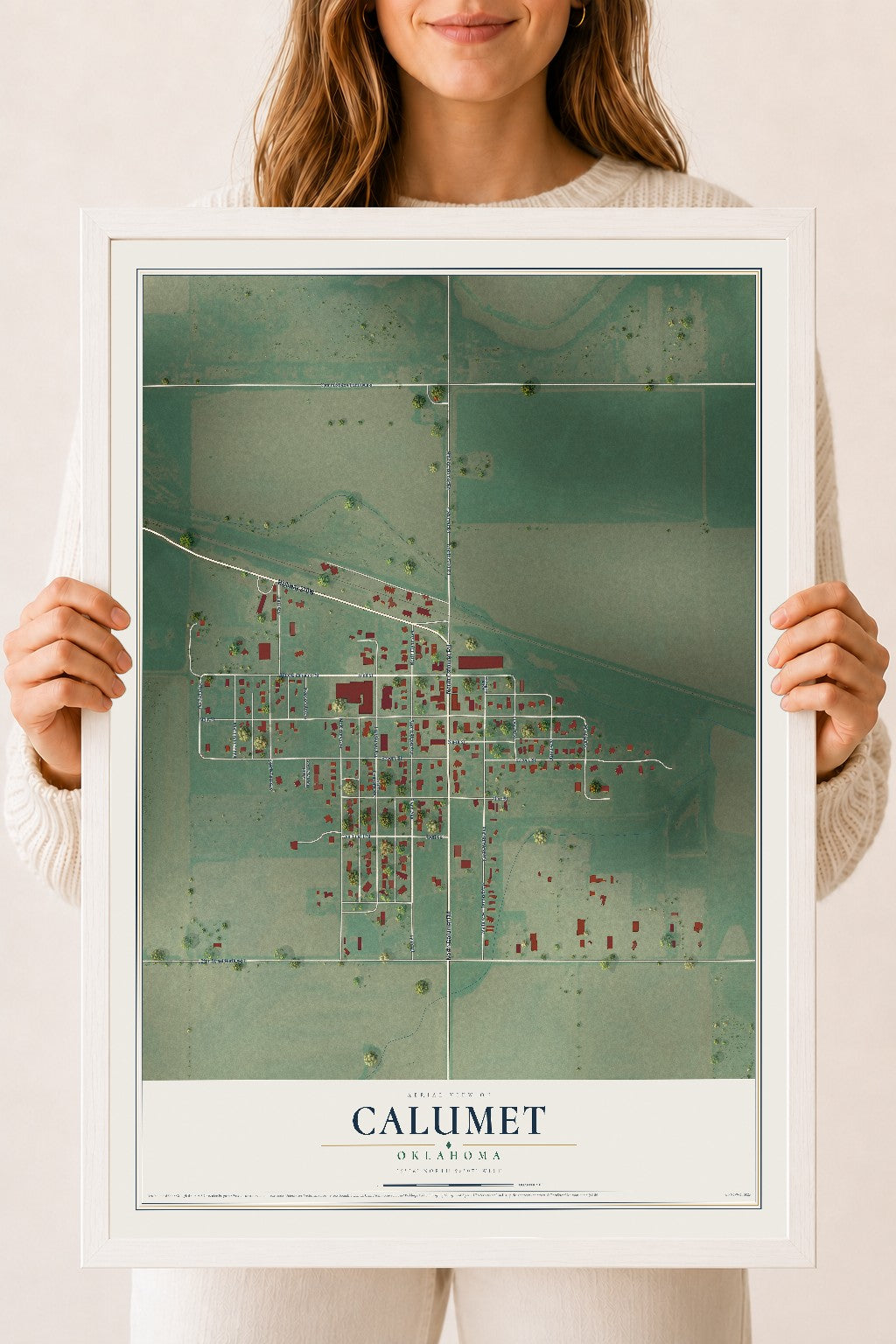 Map of Calumet, Oklahoma, 18 x 24 inch print in a white wood frame