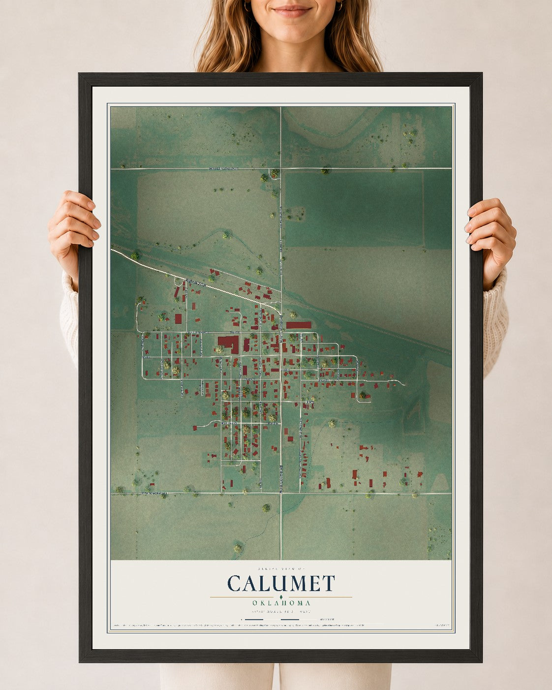 Map of Calumet, Oklahoma, 24 x 36 inch print in a black wood frame