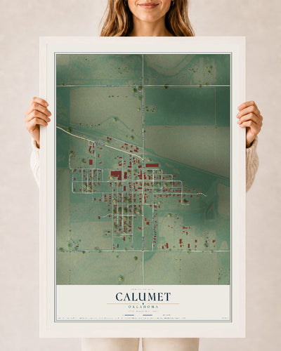 Map of Calumet, Oklahoma, 24 x 36 inch print in a white wood frame