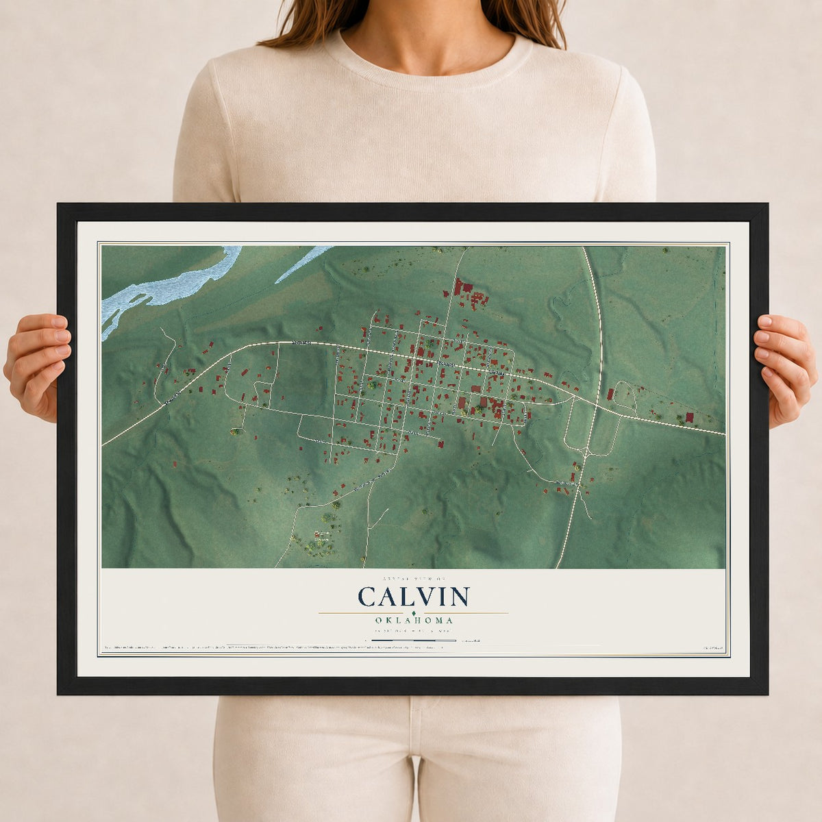 Map of Calvin, Oklahoma, 12 x 18 inch print in a black wood frame