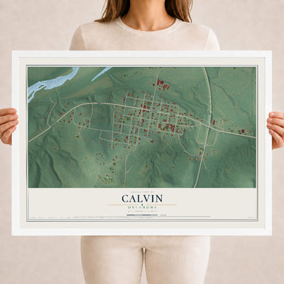 Map of Calvin, Oklahoma, 18 x 24 inch print in a white wood frame