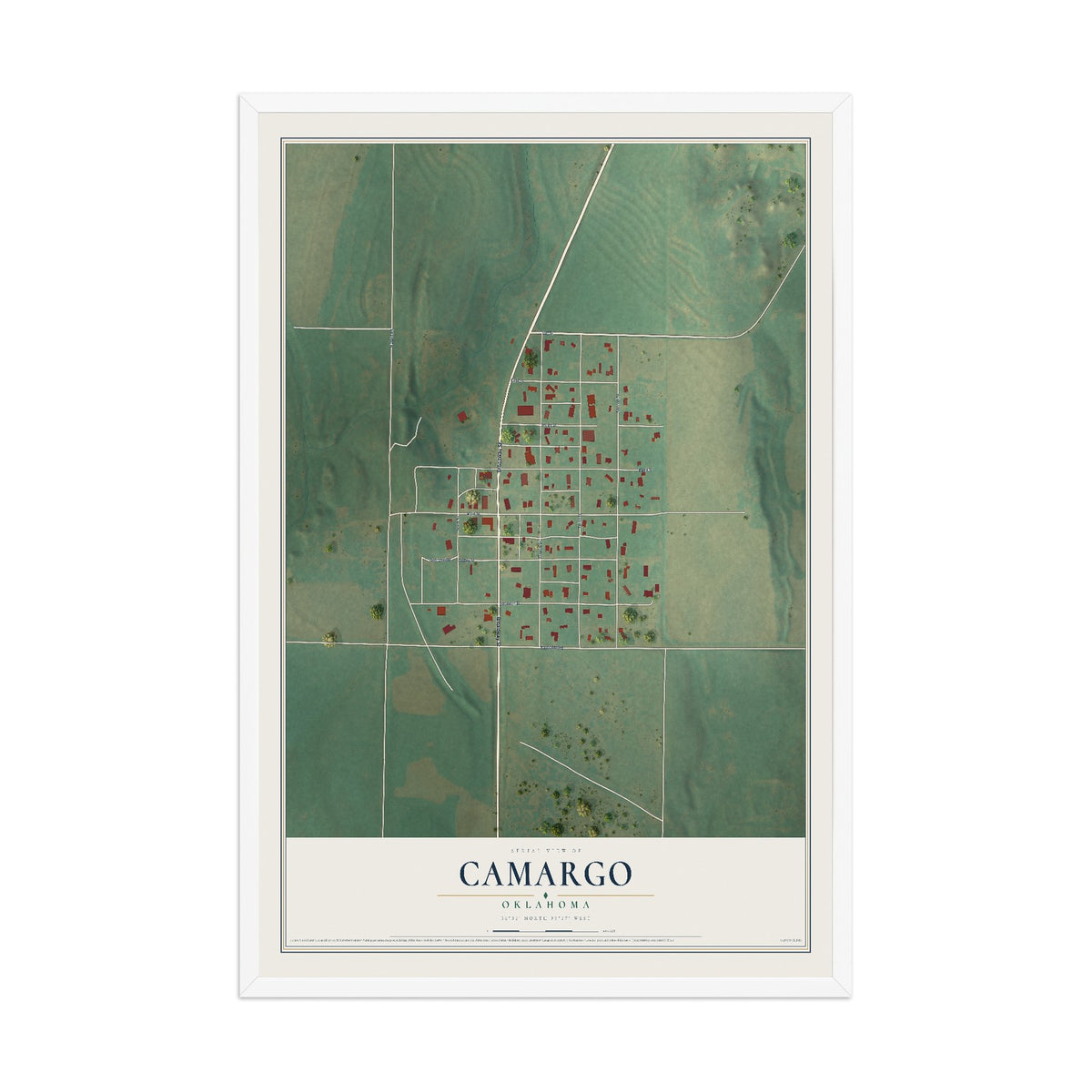 Map of Camargo, Oklahoma, 12 x 18 inch print in a white wood frame