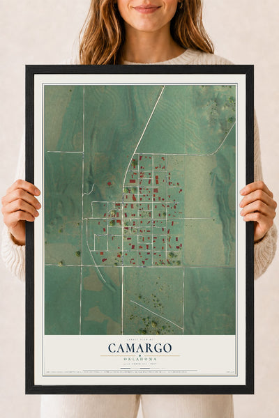 Map of Camargo, Oklahoma, 18 x 24 inch print in a black wood frame