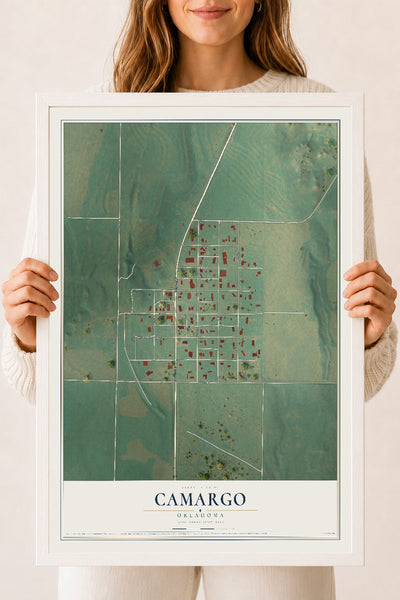 Map of Camargo, Oklahoma, 18 x 24 inch print in a white wood frame