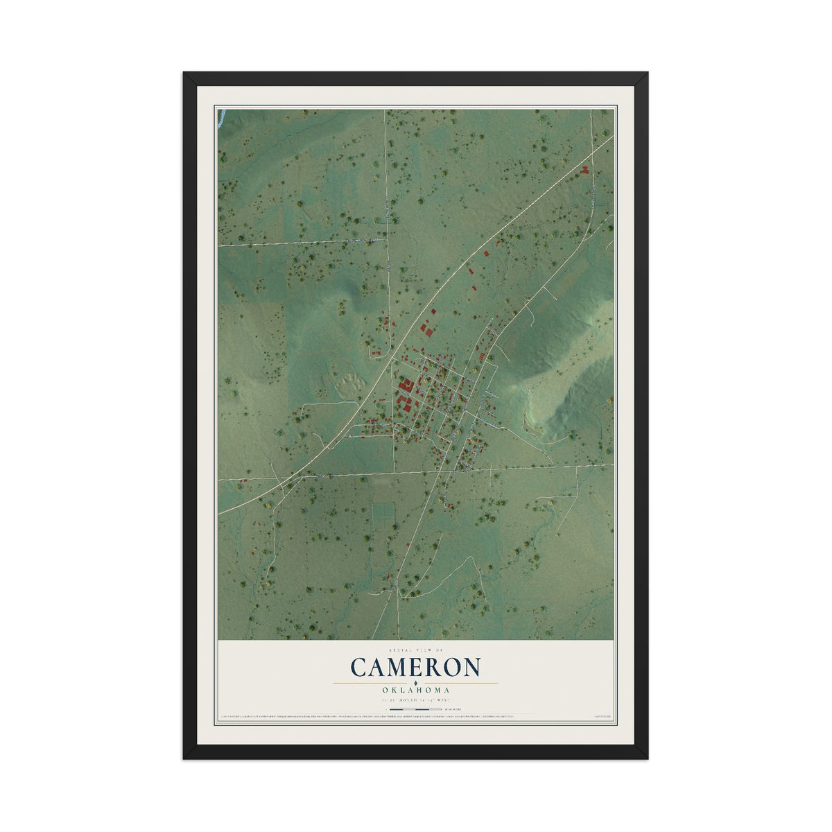 Map of Cameron, Oklahoma, 12 x 18 inch print in a black wood frame
