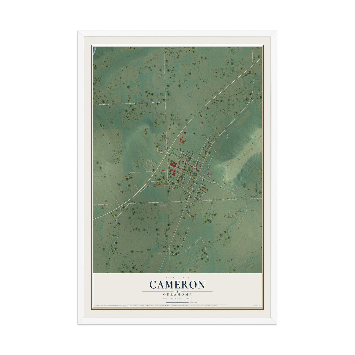 Map of Cameron, Oklahoma, 12 x 18 inch print in a white wood frame
